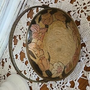 Vintage Cloisonne Basket Trinket Dish Brass Floral India Bohemian